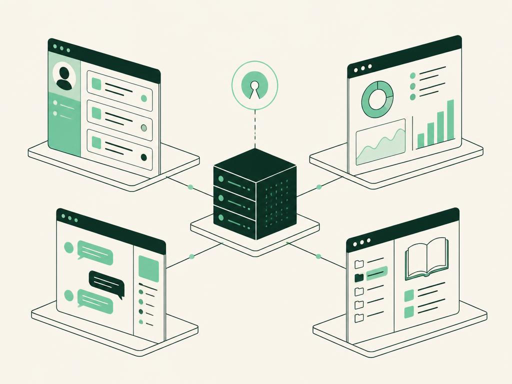 Illustration des quatre modules d'Open HelpDesk reliés à un serveur